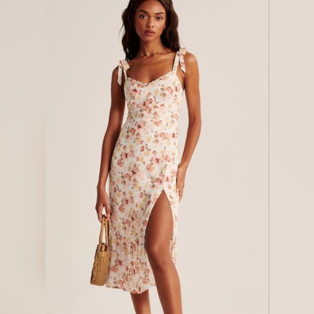 Abercrombie & Fitch cream tie-strap floral midi dress